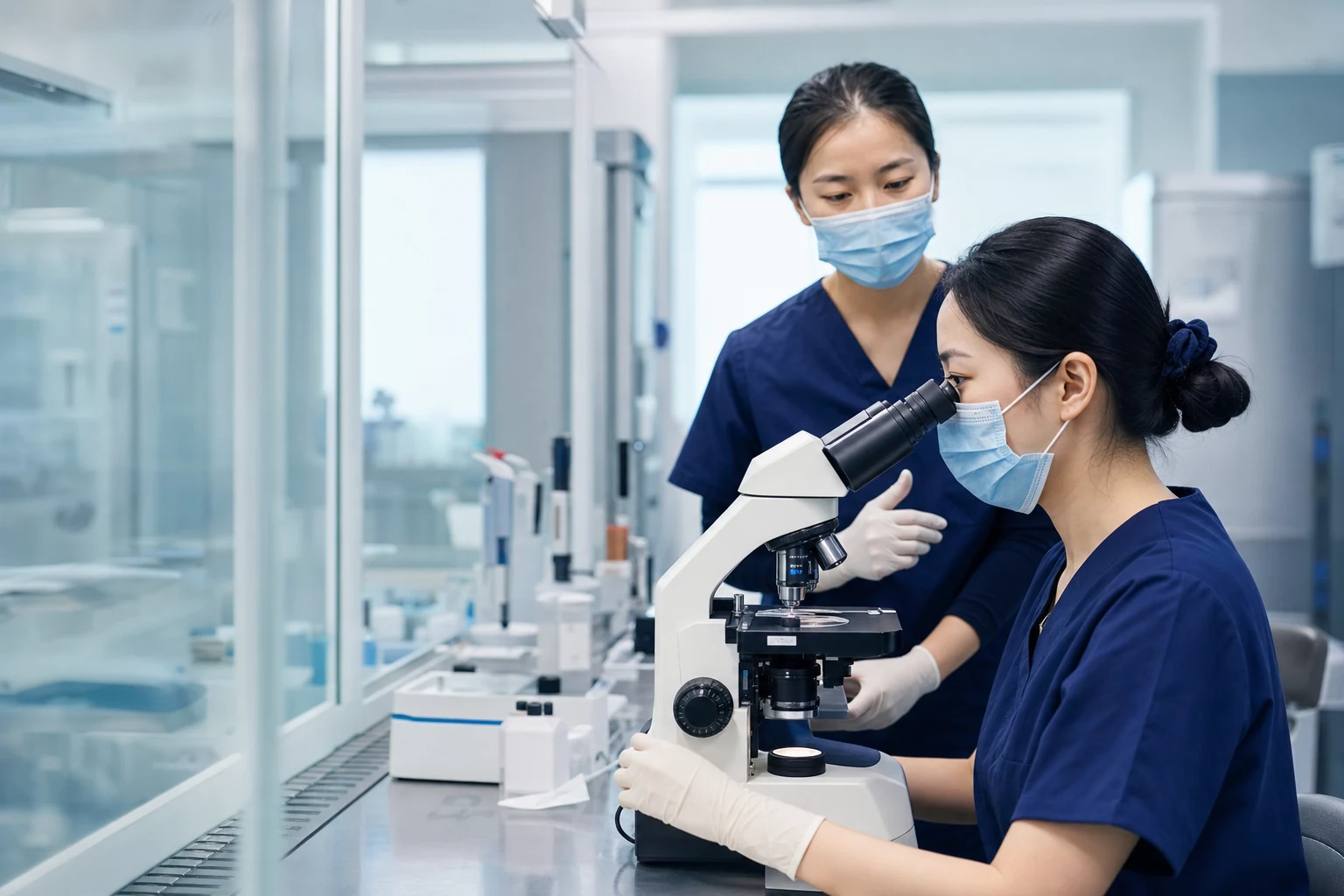 Laboratory professionals working with a microscope in a reproductive medicine laboratory
